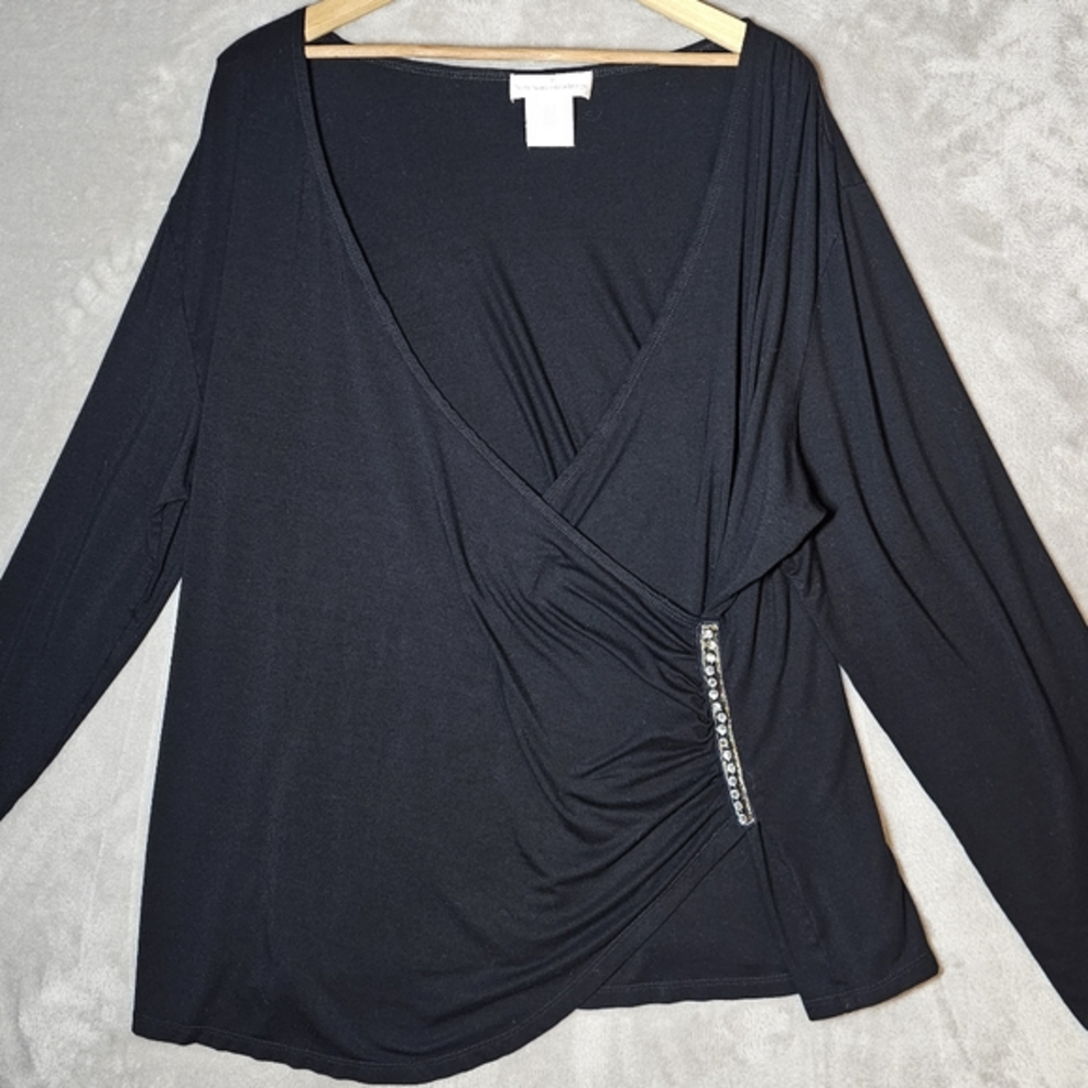 Soft Surroundings Women's Cross Wrap V Neck Blouse Size 2X Black With Rhinestone